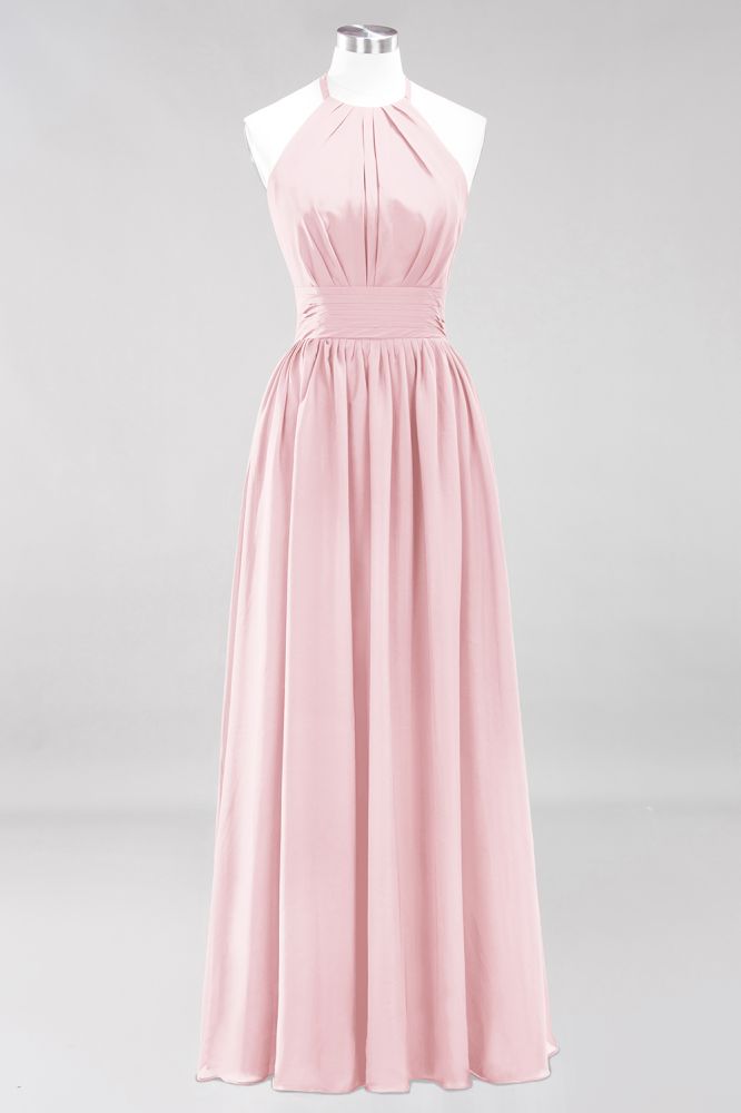 Neue Ankunft Applikationen Neckholder Ärmellose Lange Brautjungfernkleider mit Rüschen Elegantes Chiffon Abend Maxikleid