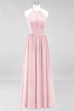Neue Ankunft Applikationen Neckholder Ärmellose Lange Brautjungfernkleider mit Rüschen Elegantes Chiffon Abend Maxikleid