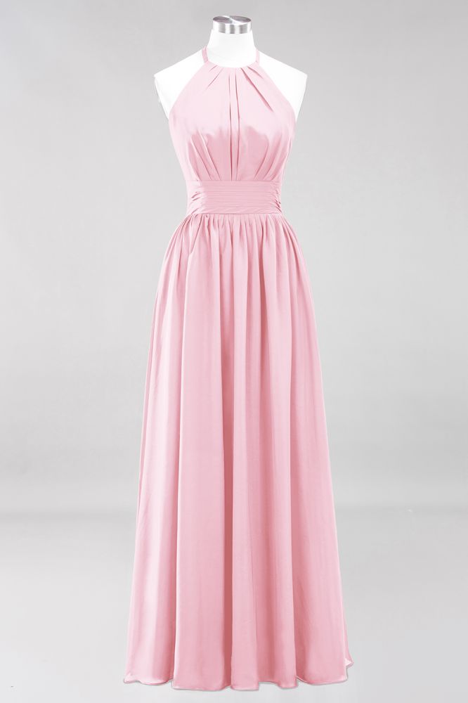 Neue Ankunft Applikationen Neckholder Ärmellose Lange Brautjungfernkleider mit Rüschen Elegantes Chiffon Abend Maxikleid