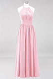 Neue Ankunft Applikationen Neckholder Ärmellose Lange Brautjungfernkleider mit Rüschen Elegantes Chiffon Abend Maxikleid