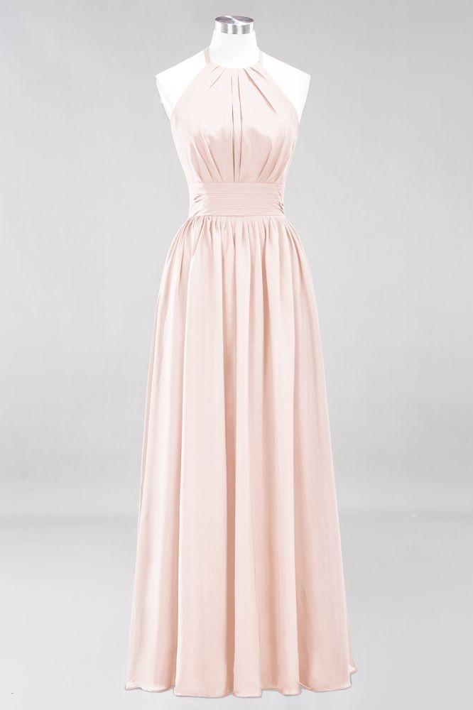 Neue Ankunft Applikationen Neckholder Ärmellose Lange Brautjungfernkleider mit Rüschen Elegantes Chiffon Abend Maxikleid