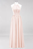 Neue Ankunft Applikationen Neckholder Ärmellose Lange Brautjungfernkleider mit Rüschen Elegantes Chiffon Abend Maxikleid