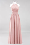 Neue Ankunft Applikationen Neckholder Ärmellose Lange Brautjungfernkleider mit Rüschen Elegantes Chiffon Abend Maxikleid
