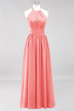 Neue Ankunft Applikationen Neckholder Ärmellose Lange Brautjungfernkleider mit Rüschen Elegantes Chiffon Abend Maxikleid