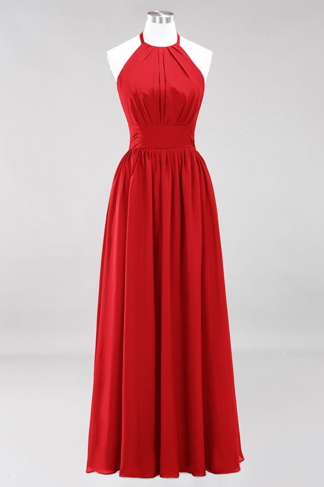 Neue Ankunft Applikationen Neckholder Ärmellose Lange Brautjungfernkleider mit Rüschen Elegantes Chiffon Abend Maxikleid