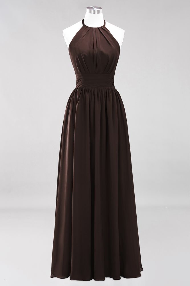 Neue Ankunft Applikationen Neckholder Ärmellose Lange Brautjungfernkleider mit Rüschen Elegantes Chiffon Abend Maxikleid