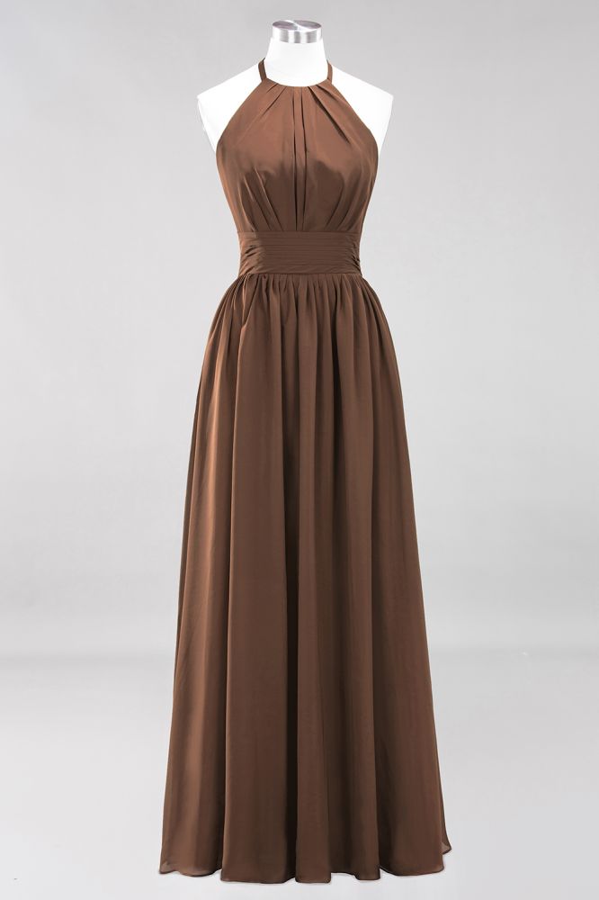 Neue Ankunft Applikationen Neckholder Ärmellose Lange Brautjungfernkleider mit Rüschen Elegantes Chiffon Abend Maxikleid