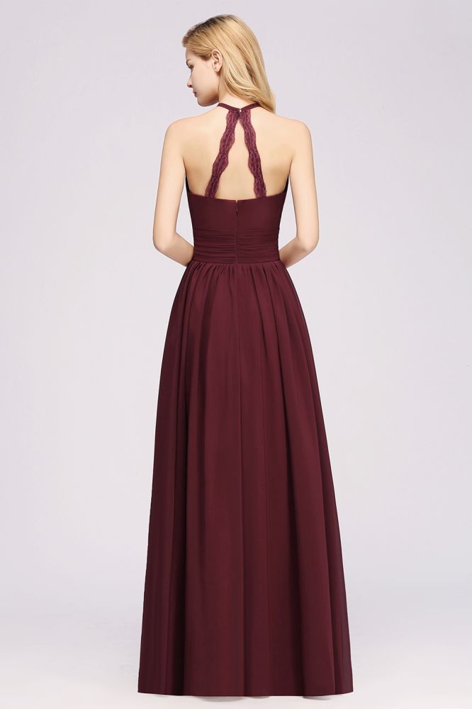 Neue Ankunft Applikationen Neckholder Ärmellose Lange Brautjungfernkleider mit Rüschen Elegantes Chiffon Abend Maxikleid
