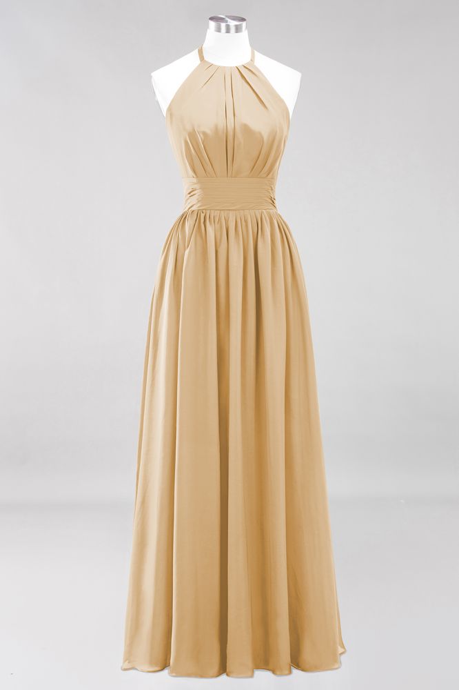 Neue Ankunft Applikationen Neckholder Ärmellose Lange Brautjungfernkleider mit Rüschen Elegantes Chiffon Abend Maxikleid