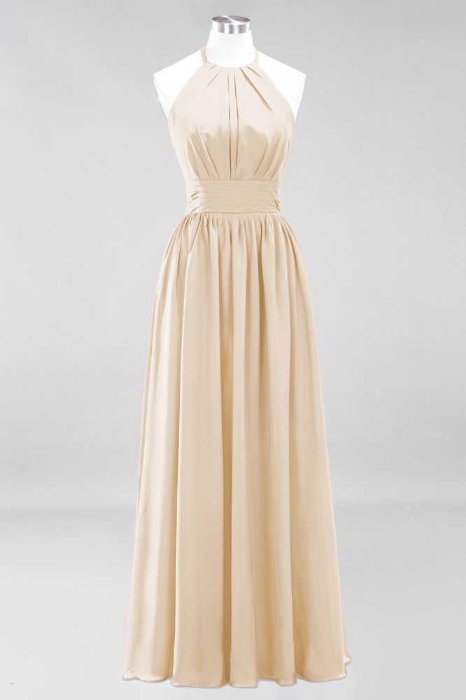 Neue Ankunft Applikationen Neckholder Ärmellose Lange Brautjungfernkleider mit Rüschen Elegantes Chiffon Abend Maxikleid