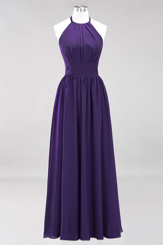 Neue Ankunft Applikationen Neckholder Ärmellose Lange Brautjungfernkleider mit Rüschen Elegantes Chiffon Abend Maxikleid