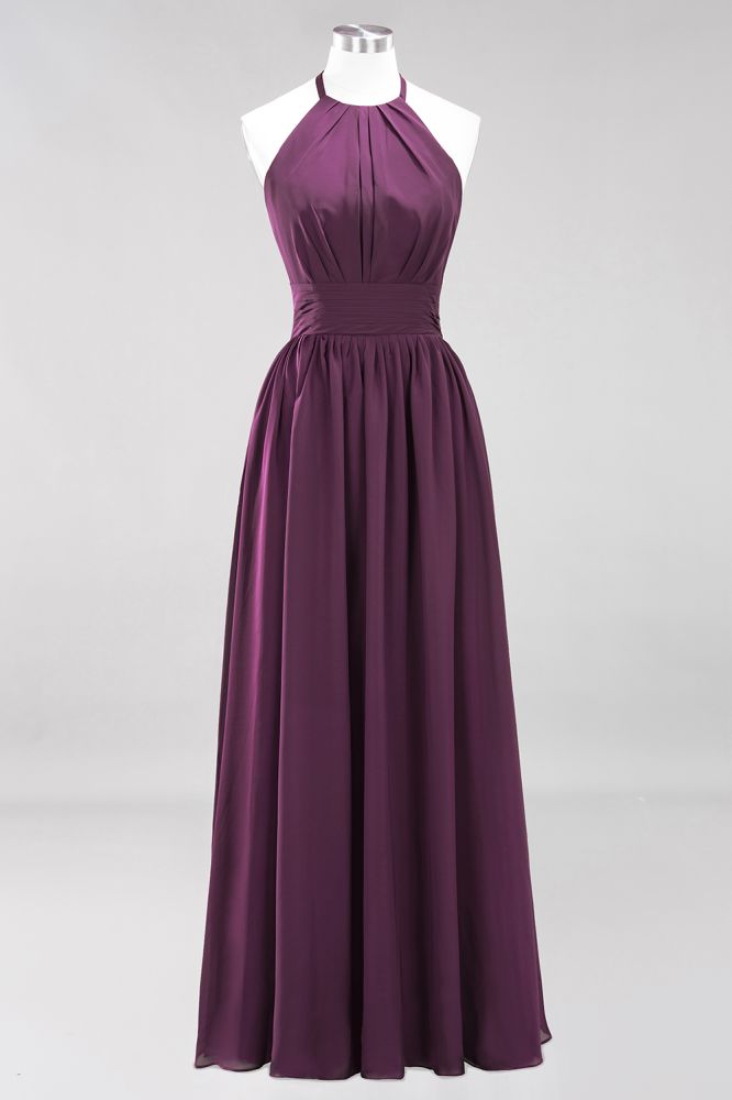 Neue Ankunft Applikationen Neckholder Ärmellose Lange Brautjungfernkleider mit Rüschen Elegantes Chiffon Abend Maxikleid