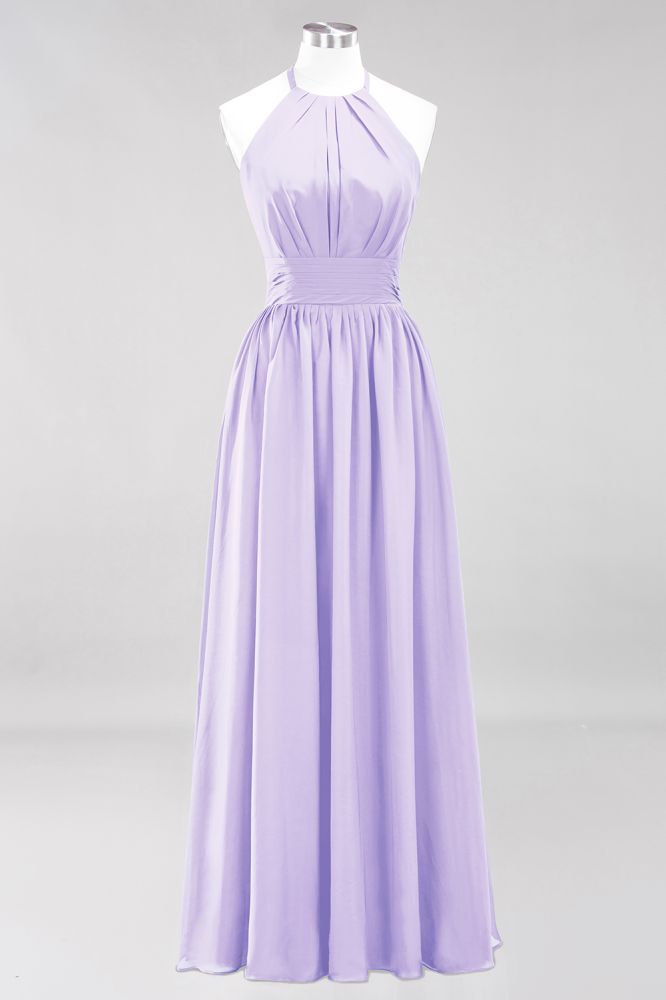 Neue Ankunft Applikationen Neckholder Ärmellose Lange Brautjungfernkleider mit Rüschen Elegantes Chiffon Abend Maxikleid