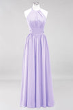 Neue Ankunft Applikationen Neckholder Ärmellose Lange Brautjungfernkleider mit Rüschen Elegantes Chiffon Abend Maxikleid