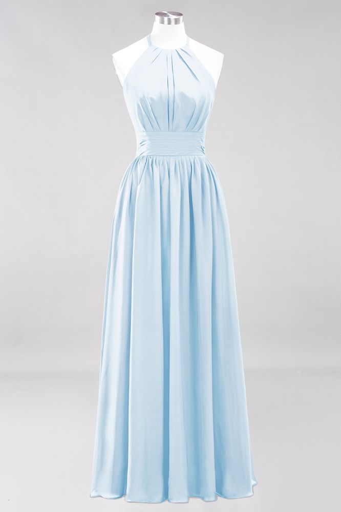 Neue Ankunft Applikationen Neckholder Ärmellose Lange Brautjungfernkleider mit Rüschen Elegantes Chiffon Abend Maxikleid