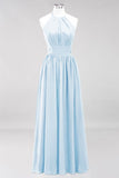 Neue Ankunft Applikationen Neckholder Ärmellose Lange Brautjungfernkleider mit Rüschen Elegantes Chiffon Abend Maxikleid