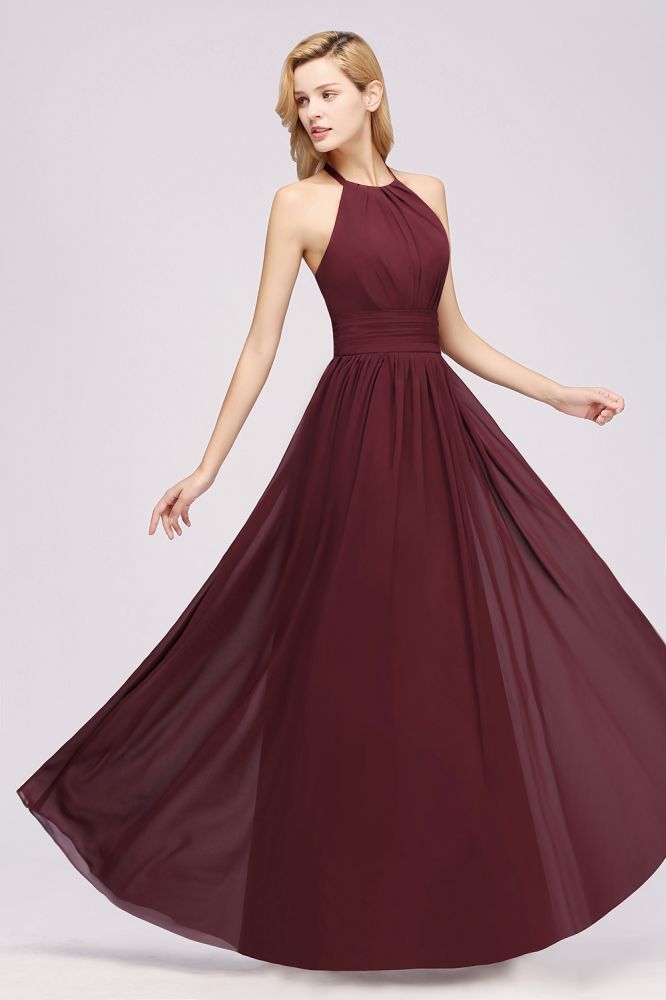Neue Ankunft Applikationen Neckholder Ärmellose Lange Brautjungfernkleider mit Rüschen Elegantes Chiffon Abend Maxikleid