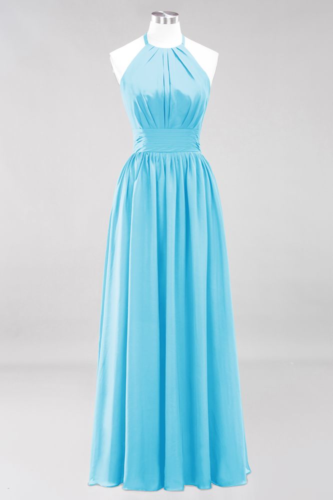 Neue Ankunft Applikationen Neckholder Ärmellose Lange Brautjungfernkleider mit Rüschen Elegantes Chiffon Abend Maxikleid