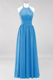 Neue Ankunft Applikationen Neckholder Ärmellose Lange Brautjungfernkleider mit Rüschen Elegantes Chiffon Abend Maxikleid