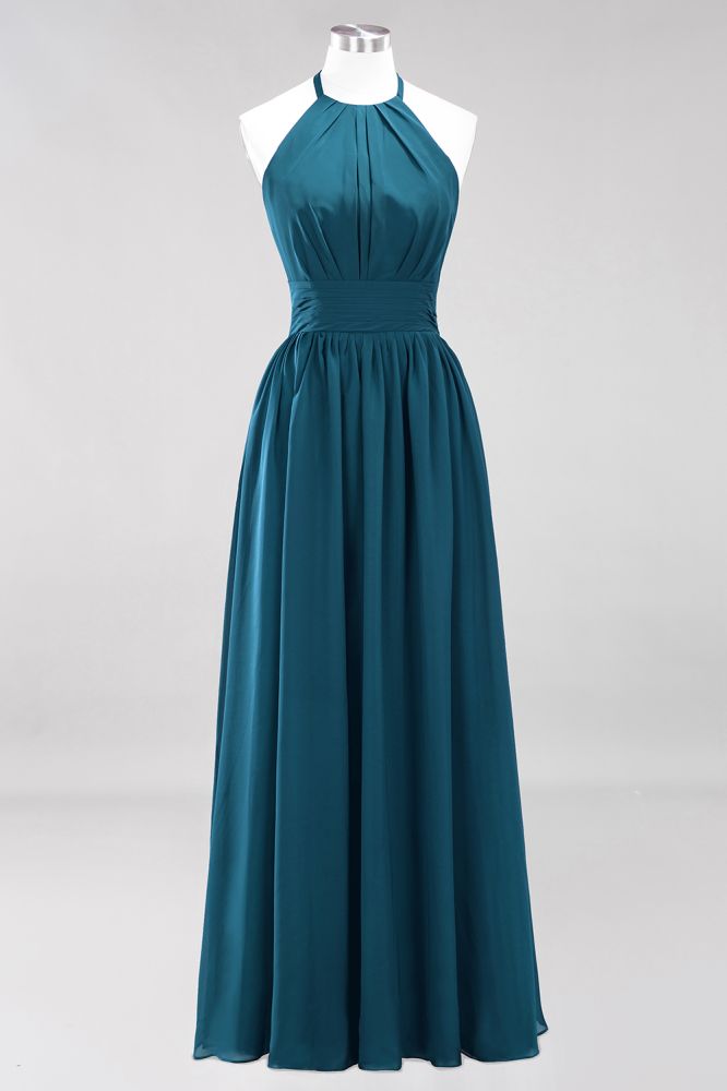 Neue Ankunft Applikationen Neckholder Ärmellose Lange Brautjungfernkleider mit Rüschen Elegantes Chiffon Abend Maxikleid
