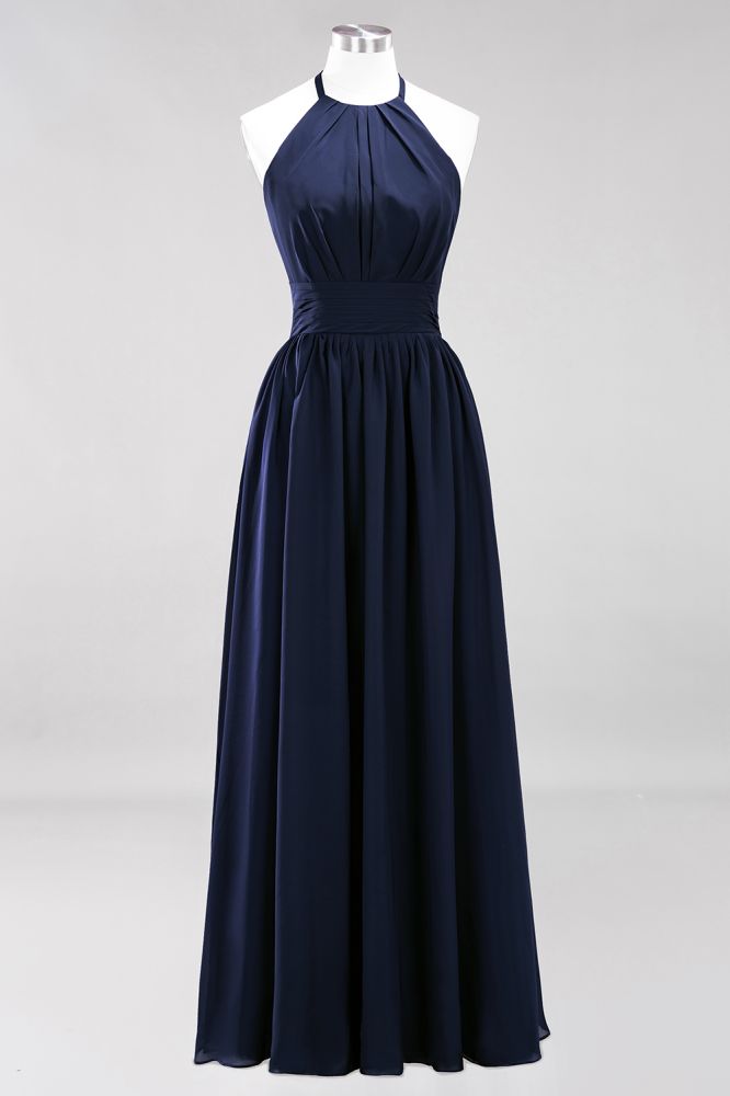 Neue Ankunft Applikationen Neckholder Ärmellose Lange Brautjungfernkleider mit Rüschen Elegantes Chiffon Abend Maxikleid
