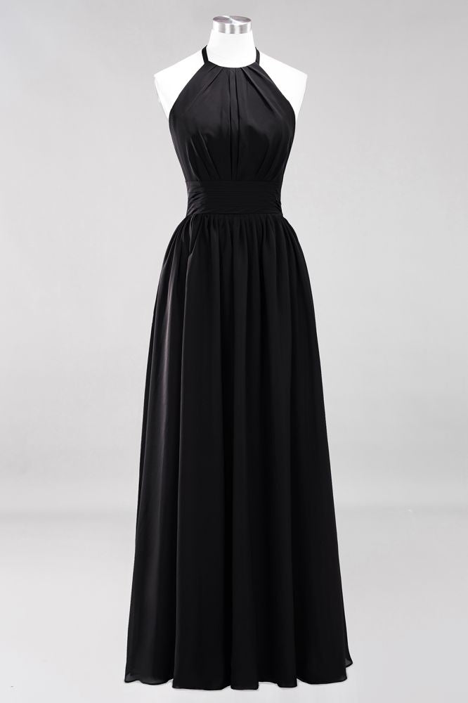 Neue Ankunft Applikationen Neckholder Ärmellose Lange Brautjungfernkleider mit Rüschen Elegantes Chiffon Abend Maxikleid