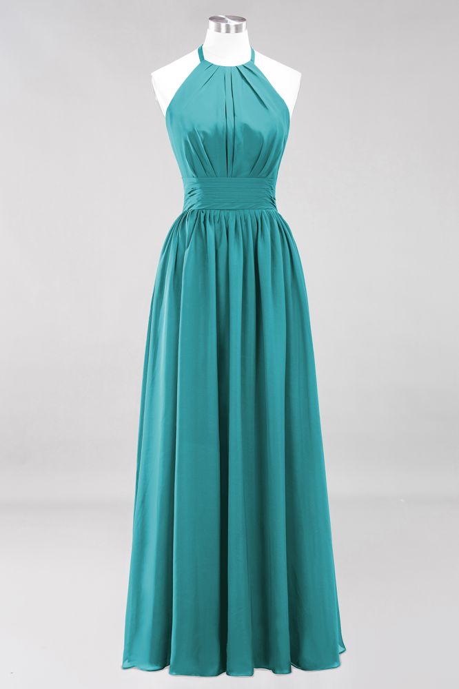 Neue Ankunft Applikationen Neckholder Ärmellose Lange Brautjungfernkleider mit Rüschen Elegantes Chiffon Abend Maxikleid
