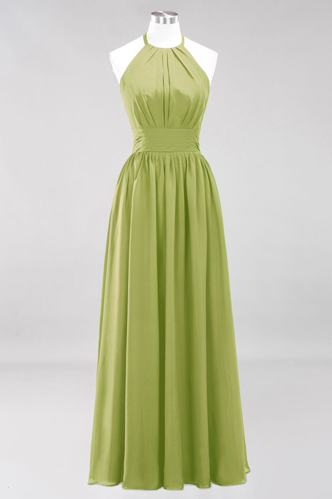Neue Ankunft Applikationen Neckholder Ärmellose Lange Brautjungfernkleider mit Rüschen Elegantes Chiffon Abend Maxikleid