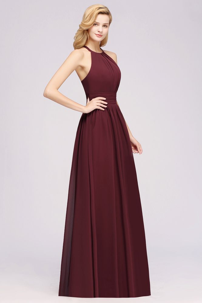 Neue Ankunft Applikationen Neckholder Ärmellose Lange Brautjungfernkleider mit Rüschen Elegantes Chiffon Abend Maxikleid
