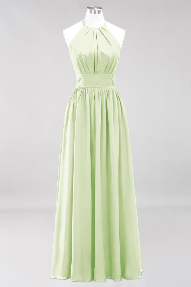 Neue Ankunft Applikationen Neckholder Ärmellose Lange Brautjungfernkleider mit Rüschen Elegantes Chiffon Abend Maxikleid