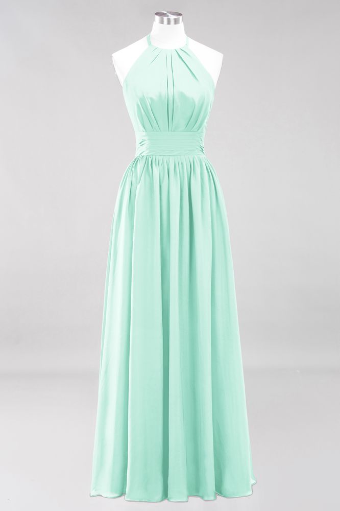 Neue Ankunft Applikationen Neckholder Ärmellose Lange Brautjungfernkleider mit Rüschen Elegantes Chiffon Abend Maxikleid