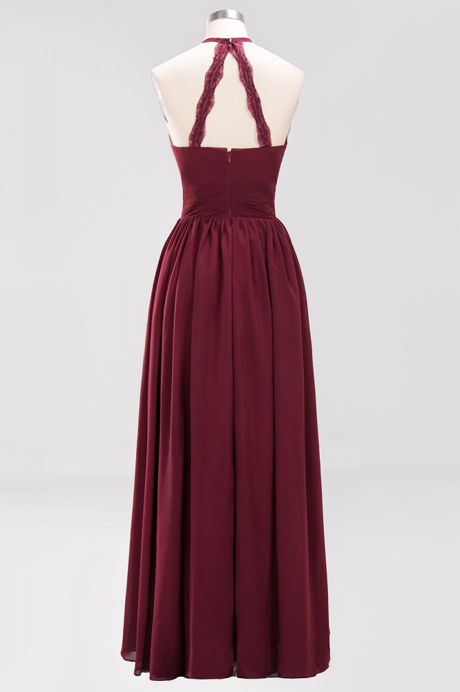 Neue Ankunft Applikationen Neckholder Ärmellose Lange Brautjungfernkleider mit Rüschen Elegantes Chiffon Abend Maxikleid