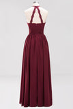 Neue Ankunft Applikationen Neckholder Ärmellose Lange Brautjungfernkleider mit Rüschen Elegantes Chiffon Abend Maxikleid