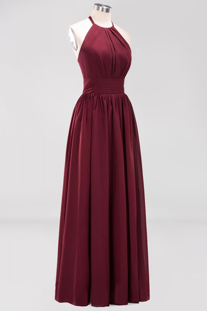 Neue Ankunft Applikationen Neckholder Ärmellose Lange Brautjungfernkleider mit Rüschen Elegantes Chiffon Abend Maxikleid