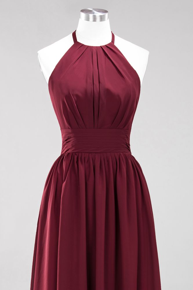 Neue Ankunft Applikationen Neckholder Ärmellose Lange Brautjungfernkleider mit Rüschen Elegantes Chiffon Abend Maxikleid