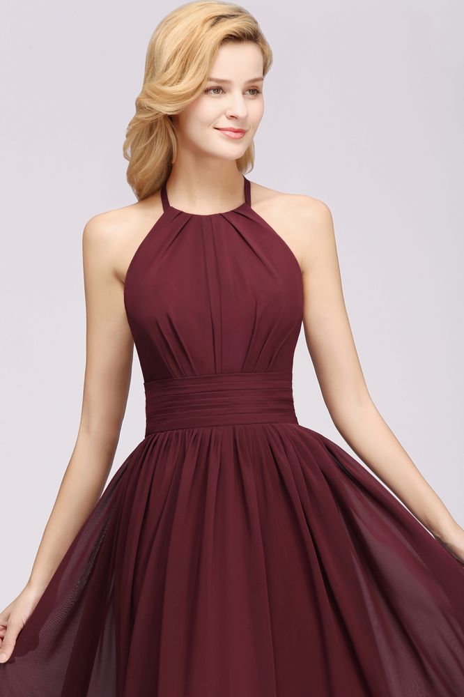 Neue Ankunft Applikationen Neckholder Ärmellose Lange Brautjungfernkleider mit Rüschen Elegantes Chiffon Abend Maxikleid