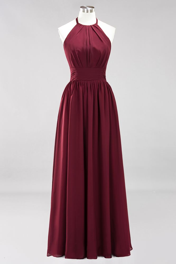 Neue Ankunft Applikationen Neckholder Ärmellose Lange Brautjungfernkleider mit Rüschen Elegantes Chiffon Abend Maxikleid