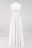 Neue Ankunft Applikationen Neckholder Ärmellose Lange Brautjungfernkleider mit Rüschen Elegantes Chiffon Abend Maxikleid