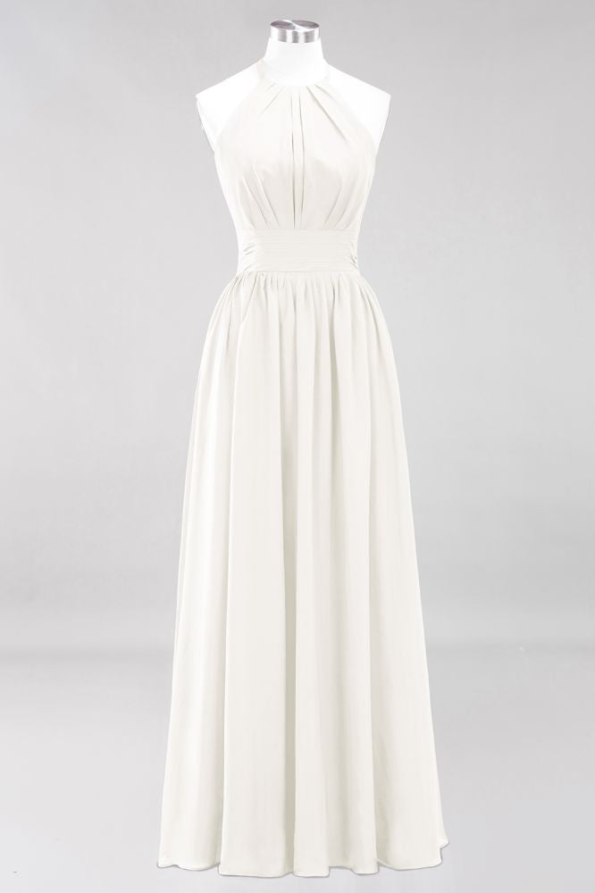 Neue Ankunft Applikationen Neckholder Ärmellose Lange Brautjungfernkleider mit Rüschen Elegantes Chiffon Abend Maxikleid