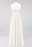 Neue Ankunft Applikationen Neckholder Ärmellose Lange Brautjungfernkleider mit Rüschen Elegantes Chiffon Abend Maxikleid