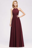 Neue Ankunft Applikationen Neckholder Ärmellose Lange Brautjungfernkleider mit Rüschen Elegantes Chiffon Abend Maxikleid