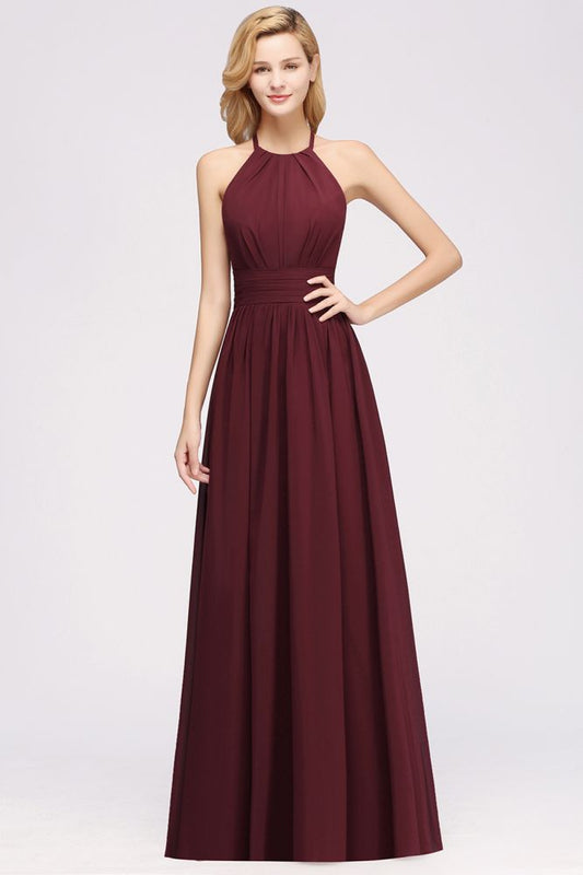 Neue Ankunft Applikationen Neckholder Ärmellose Lange Brautjungfernkleider mit Rüschen Elegantes Chiffon Abend Maxikleid