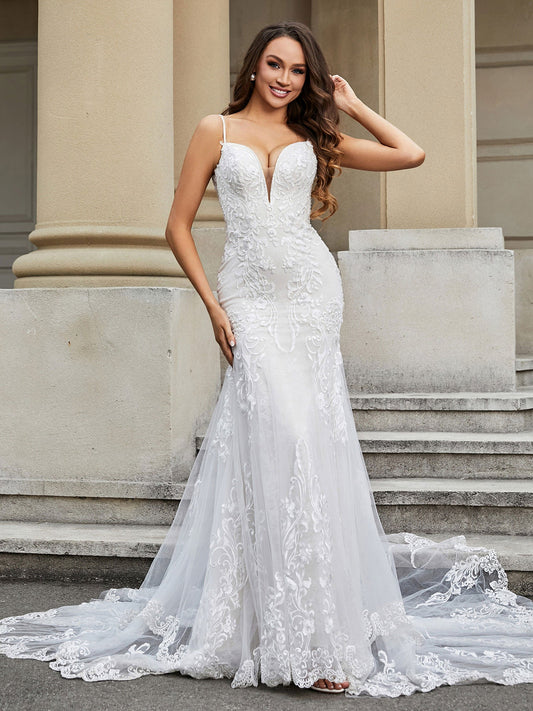 Meerjungfrau Spitze Kapelle Zug Brautkleid Elfenbein Brautkleider Kleider