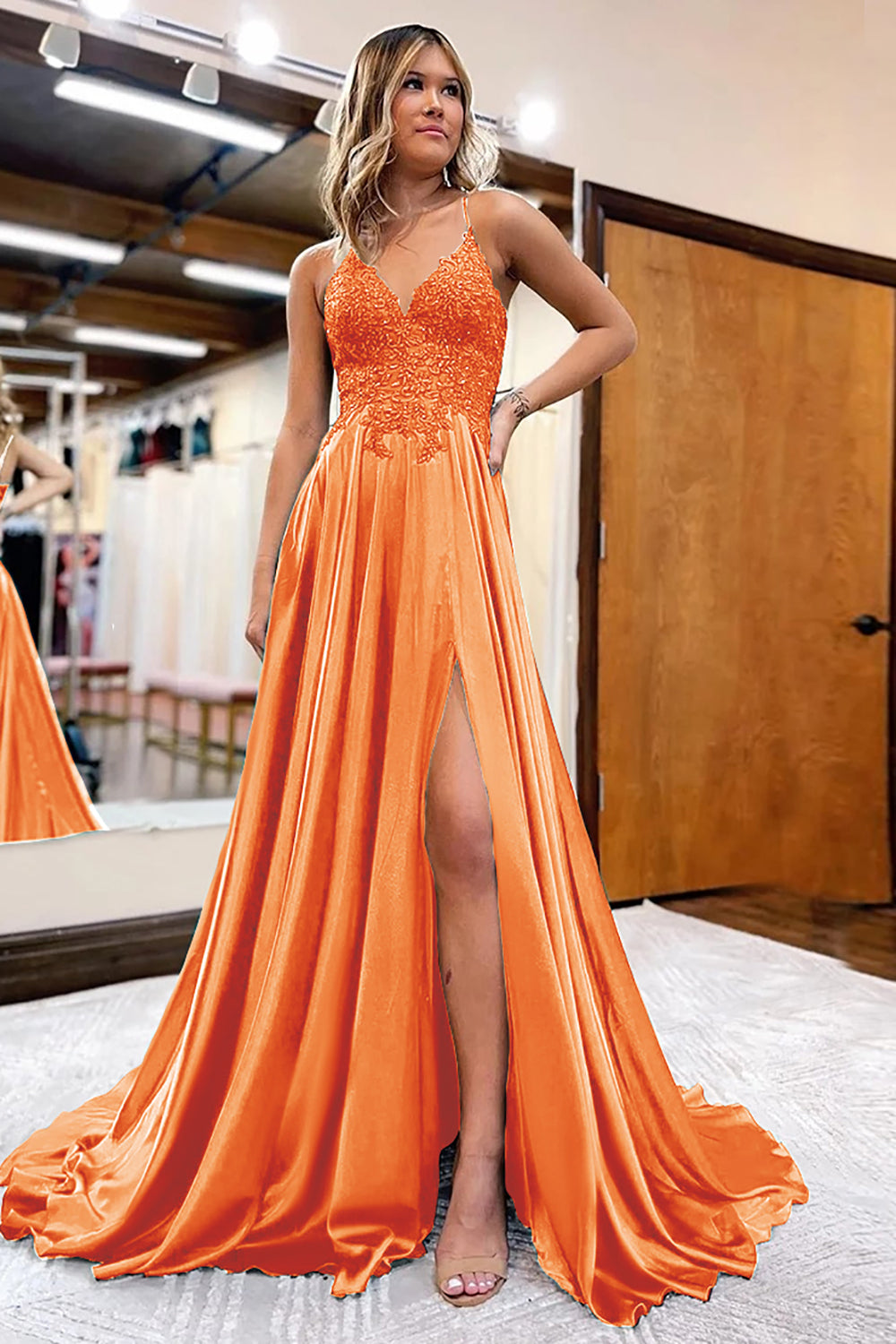 Peacock Green Satin A-Line Appliques Prom Dress with Slit Formal Eveni Peacock Green Satin A-Line Appliques Prom Dress with Slit Formal Eveni