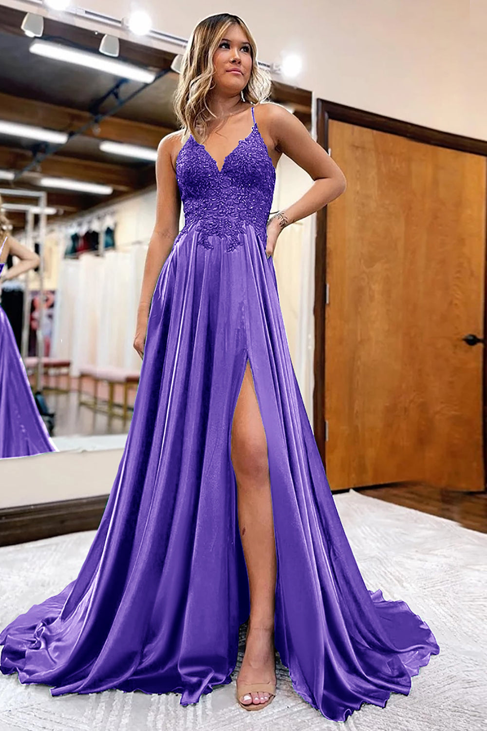 Peacock Green Satin A-Line Appliques Prom Dress with Slit Formal Eveni Peacock Green Satin A-Line Appliques Prom Dress with Slit Formal Eveni