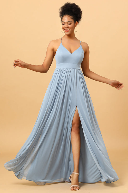 Vestido largo de gasa azul polvoriento de dama de honor con abertura en forma de A, vestido formal de noche para fiesta de graduación