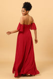 Burgundy Off the Shoulder Chiffon Bridesmaid Dress with Slit Formal Evening Dresses Prom gowns