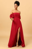 Burgundy Off the Shoulder Chiffon Bridesmaid Dress with Slit Formal Evening Dresses Prom gowns