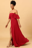 Burgundy Off the Shoulder Chiffon Bridesmaid Dress with Slit Formal Evening Dresses Prom gowns