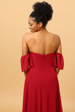 Burgundy Off the Shoulder Chiffon Bridesmaid Dress with Slit Formal Evening Dresses Prom gowns